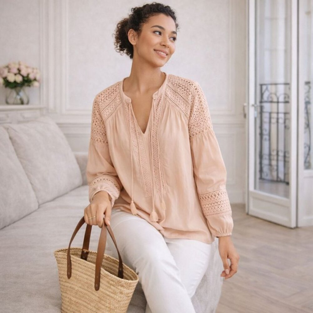 Ramy Brook Winnie Crochet Lace Embroidered Peasant Blouse Blush Pink